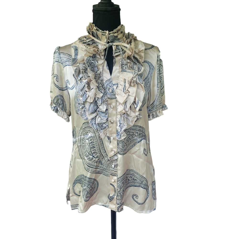Ruffled Paisley Silk-Blend Blouse - Cream/Blue
